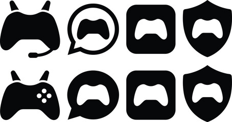 Video Game Controller Icon Set with Gamepad Silhouette Variants, Headset Microphone, Chat Speech Bubbles, Rounded Square Buttons, and Protection Shield Vectors © MD