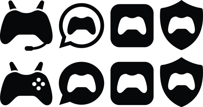 Video Game Controller Icon Set with Gamepad Silhouette Variants, Headset Microphone, Chat Speech Bubbles, Rounded Square Buttons, and Protection Shield Vectors