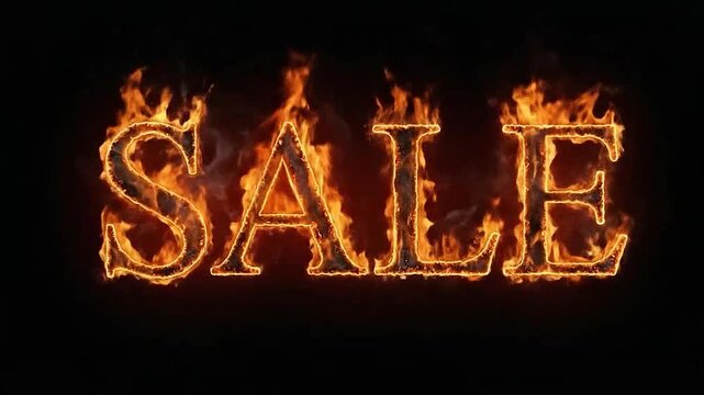 The word sale is written in bright orange flames and fire