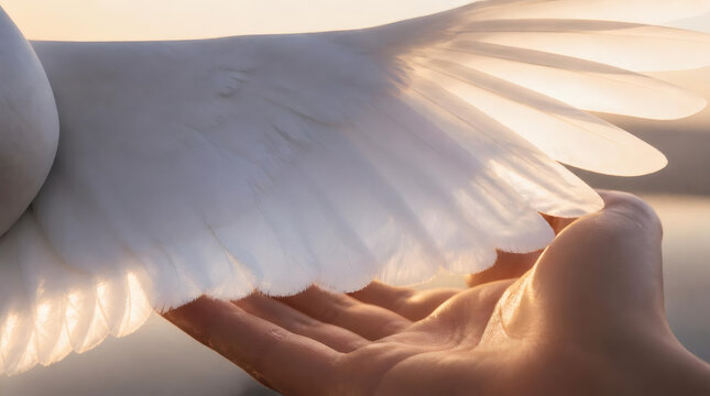 White Dove Wing Gently Resting on Open Human Hand at Sunset