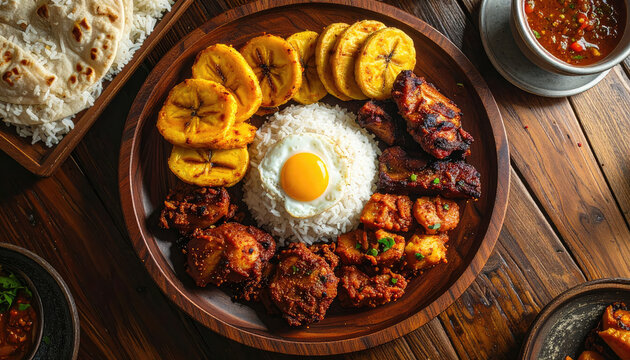 Traditional Indonesian Nasi Campur with Rice Vegetables and Chicken