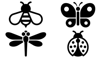 Flying insects are presented as four stylized black icons including a bee, butterfly, dragonfly, and ladybug arranged in a grid pattern on a solid white surface. © Novaria