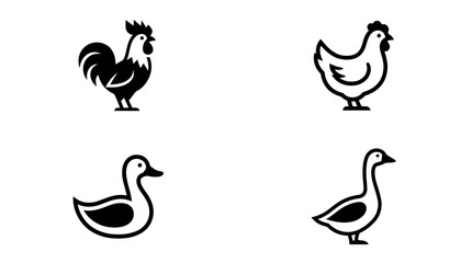 Fototapeta premium Farm animals including a rooster, a chicken, a duck, and a goose are presented as a collection of minimalist black and white vector icons for various agricultural and culinary design projects.