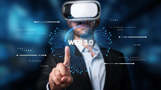 Businessman Experiencing Virtual Reality Technology with Web 3.0 Concept, Futuristic Digital Interface, Cloud Computing, and Data Visualization. Entropy.