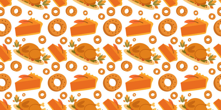 traditional thanksgiving roasted turkey and pie seamless pattern design