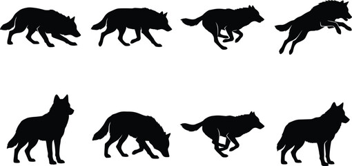 Naklejka premium Wolf Silhouettes Depicting Walking, Running, Leaping, and Observing in Natural Motion