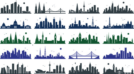 Fototapeta premium Modern City Skyline Silhouette Vector Icon Set Featuring Global Landmarks Urban Landscapes Bridges and Skyscrapers for Architecture Graphic Design