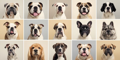 Obraz premium A collage of various dog breeds displaying different facial expressions and coat colors.