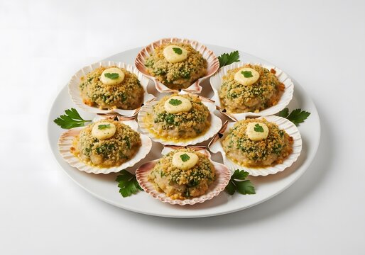 Stuffed scallops in shells with breadcrumbs and parsley served on a white platter.