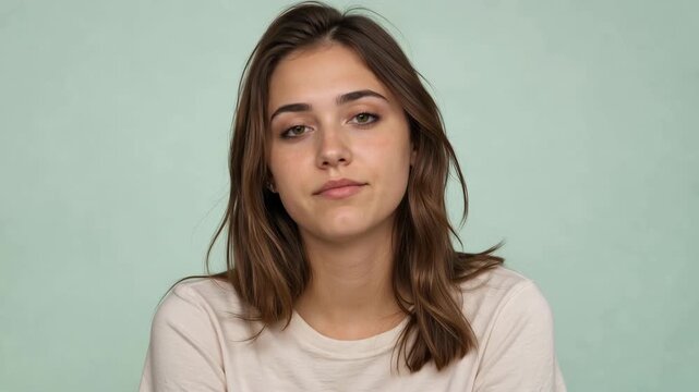Portrait of a young woman with long brown hair and neutral expression