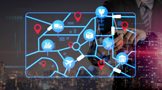 Hands of Businessman Using Smartphone with Abstract Digital Map and Location Icons for Navigation and Logistics in Urban Cityscape Background. Entropy.