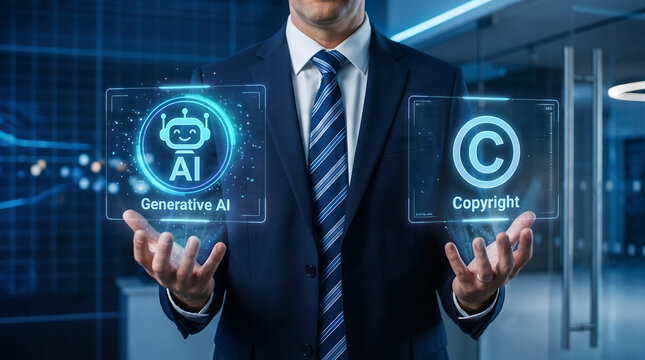 Corporate expert holding digital hologram symbols of generative ai and copyright reflecting legal challenges in modern technological intellectual property rights issues.