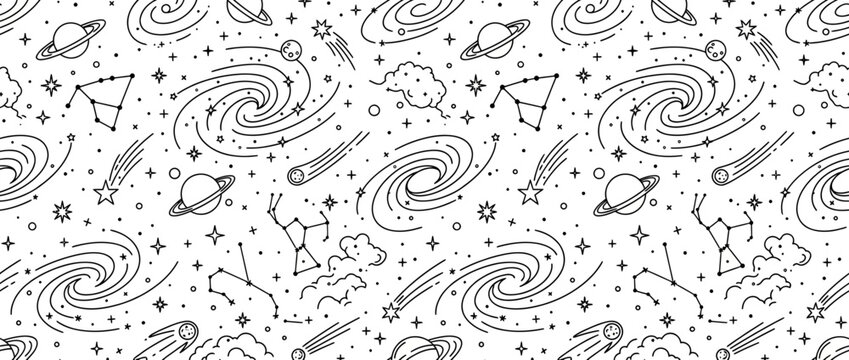 Cosmic doodle pattern with planets and galaxies