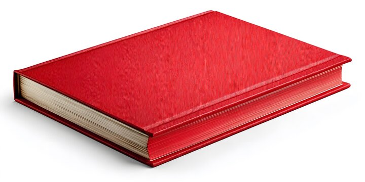 A hardcover book with red textured cover and visible cream pages rests on white background
