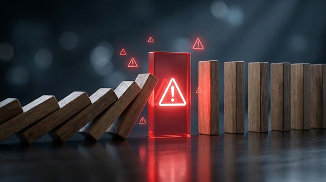 Red glass block with warning symbol stops dominoes from falling