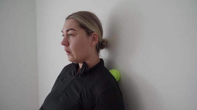 Woman presses a massage ball between her neck, upper back and a wall to ease muscle tension during a quiet home session.