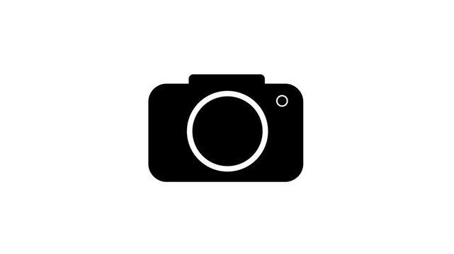 Minimalist digital camera icon animation transition with flat black silhouette design against white background.