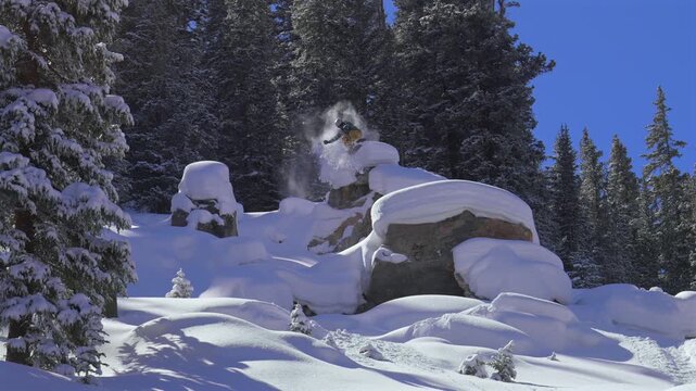 Action extreme sports snowboarder snowboarding deep fresh snow powder pillows huge cliffs drop air Rocky Mountain Vail Pass Colorado Epic Ikon Breckenridge Copper Mountain winter morning pan follow