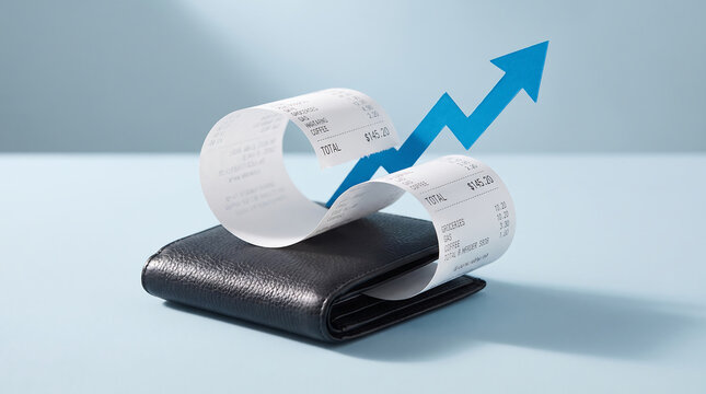 A black leather wallet with a long, unrolled shopping receipt showing a total of 145.20 and a blue arrow pointing up, representing rising expenses and inflation.