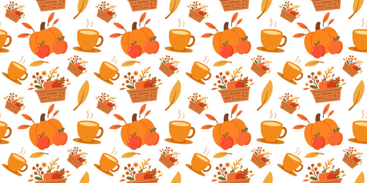 hot coffee mugs and fresh autumn pumpkins seamless pattern