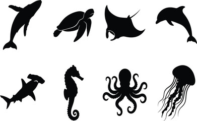 Obraz premium Sea life animals silhouettes set including whale sea turtle stingray dolphin shark seahorse octopus jellyfish