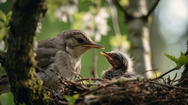 Parent bird feeding a baby chick in a nest. Wild songbird caring for its young offspring.