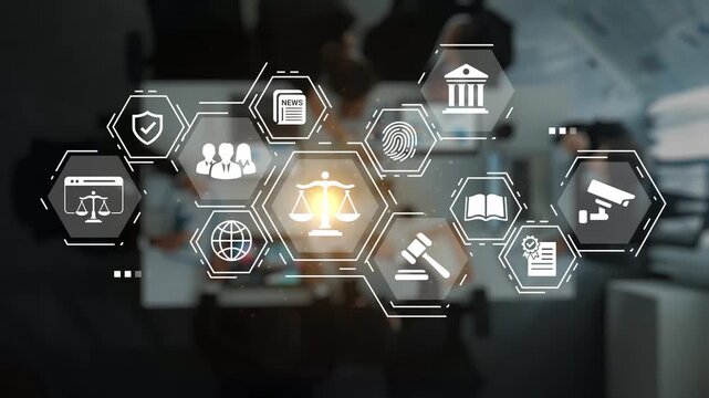 Digital Icons Representing Legal Concepts and Justice System Elements in a Modern Office Environment with Blurred Background Gluon.