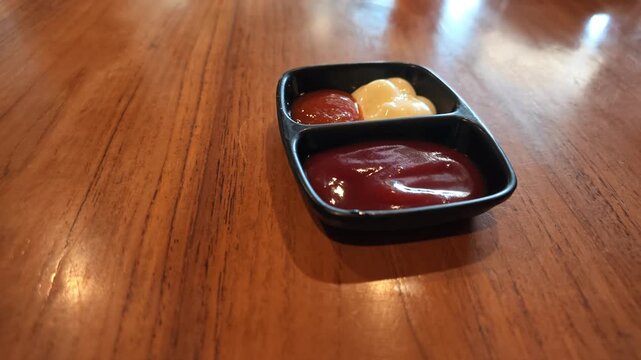 Wide angle slow motion footage of a black dual sauce container with chili, mayo, and ketchup placed on a polished wooden cafe table.
