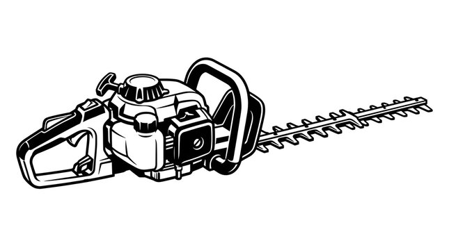 Black and White Vector Illustration of a Gasoline Powered Hedge Trimmer Gardening Tool for Landscaping and Yard Maintenance Projects