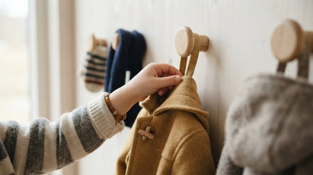 Child hanging a mustard yellow wool coat on a wooden wall hook in a minimal scandinavian hallway
