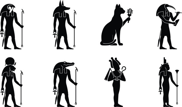 Ancient Egyptian Gods Silhouettes Vector Set Featuring Horus Anubis Bastet Thoth Ra and Osiris