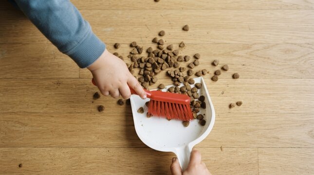 A young toddler sweeping spilled pet food into a dustpan with a red brush on a wooden floor