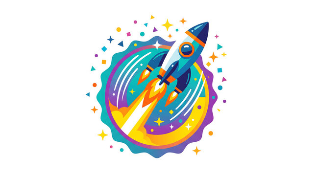 Colorful rocket ship illustration with vibrant abstract background.