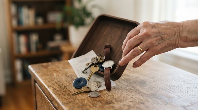 Senior woman emptying a wooden tray of keys and coins on a table at home