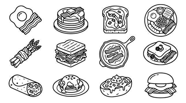 Hand-drawn Breakfast Icons Set: Eggs, Bacon, Pancakes, Toast, Burrito, Sandwich, Asparagus