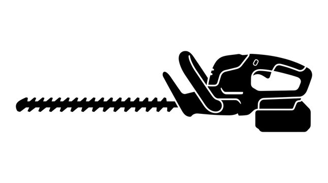Cordless hedge trimmer black silhouette icon isolated on white background, battery powered garden power tool vector illustration