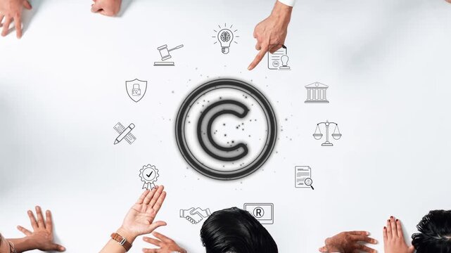 A diverse group of professionals engages in a collaborative discussion about copyright and intellectual property, surrounded by relevant icons in a modern setting. Raster