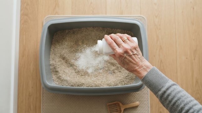 Elderly woman pouring deodorizing powder into a cat litter box to eliminate bad odors at home