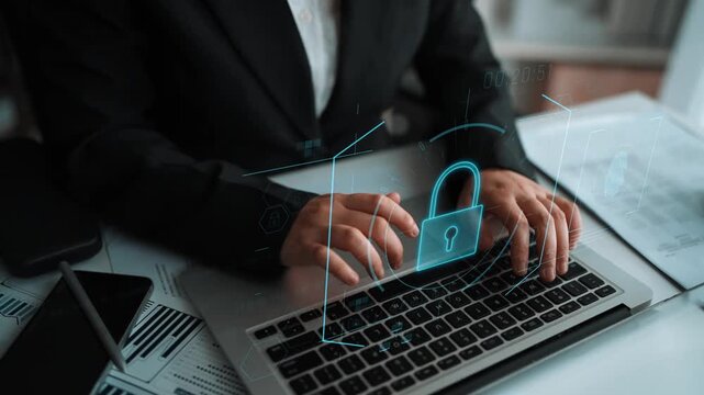 Digital cyber security lock system highlighting data security encryption, cyber password protection, fingerprint ID, cloud storage safety, and cyber security for online access Marrow