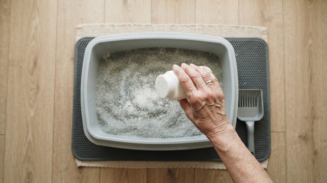 Senior woman applying deodorizing powder into a cat litter box to neutralize pet odors at home