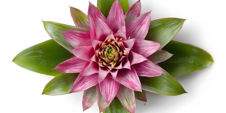 Vibrant pink bromeliad flower blooms with lush green leaves surrounding its intricate center against white background.