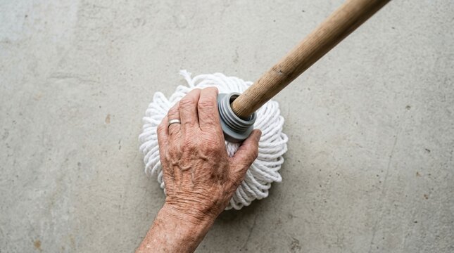 Senior woman holding a cotton mop head while cleaning the floor indoors