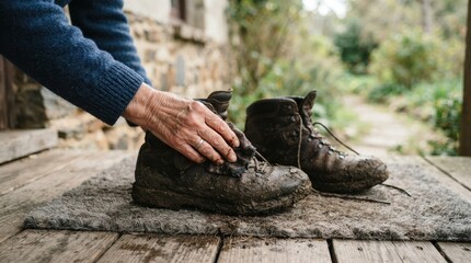 Obraz premium Elderly woman cleaning mud off her leather hiking boots on a doormat outdoors representing outdoor maintenance and post-hike cleanup