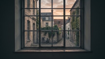 Obraz premium Nostalgic View Through Old Window Overlooking European Street at Dusk