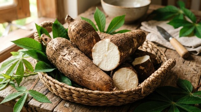 Raw cassava root vegetables in woven basket with green leaves