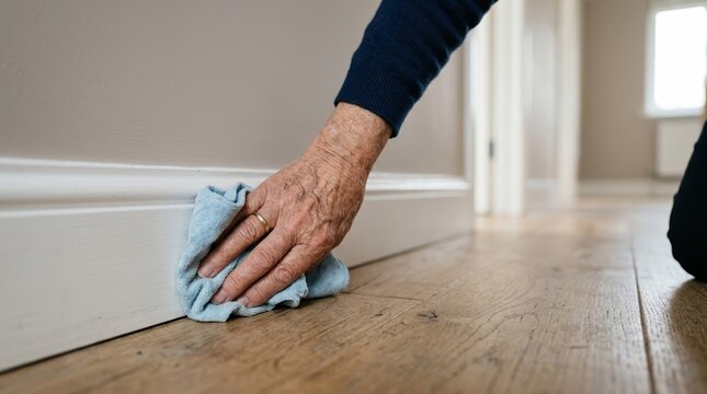 Senior woman cleaning white baseboard with blue rag in modern apartment interior representing domestic chore