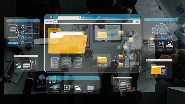 Digital Collaboration Workspace with Floating File Icons, Laptops and Abstract Computer Elements in Modern Office Setting Sigmoid
