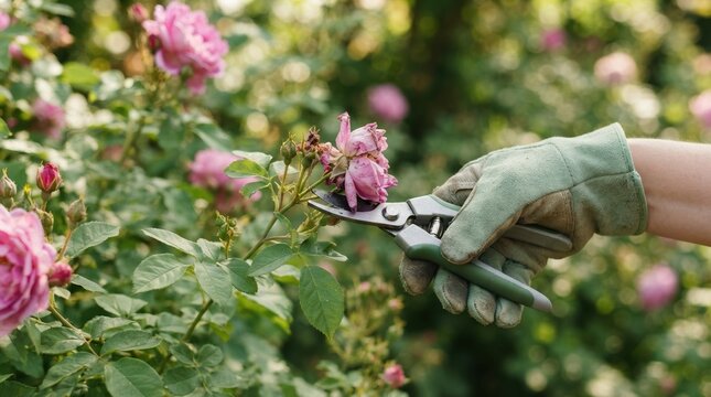 Gardener pruning dead rose flowers in a sunny garden with pruning shears for plant maintenance
