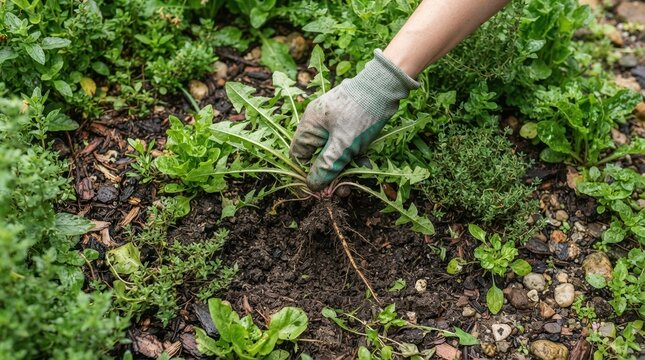 Gardener pulling weeds by hand from fertile soil in a lush backyard garden for crop maintenance