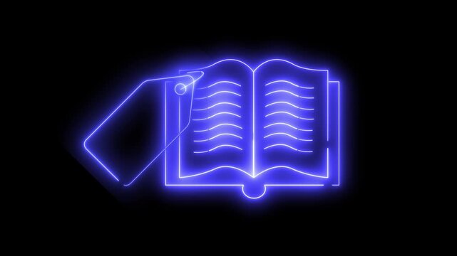 Neon blue book icon glows with tag attached. Simple design, glowing lines, dark background. Ideal for education, reading, or library themes. Clean video style, modern aesthetic